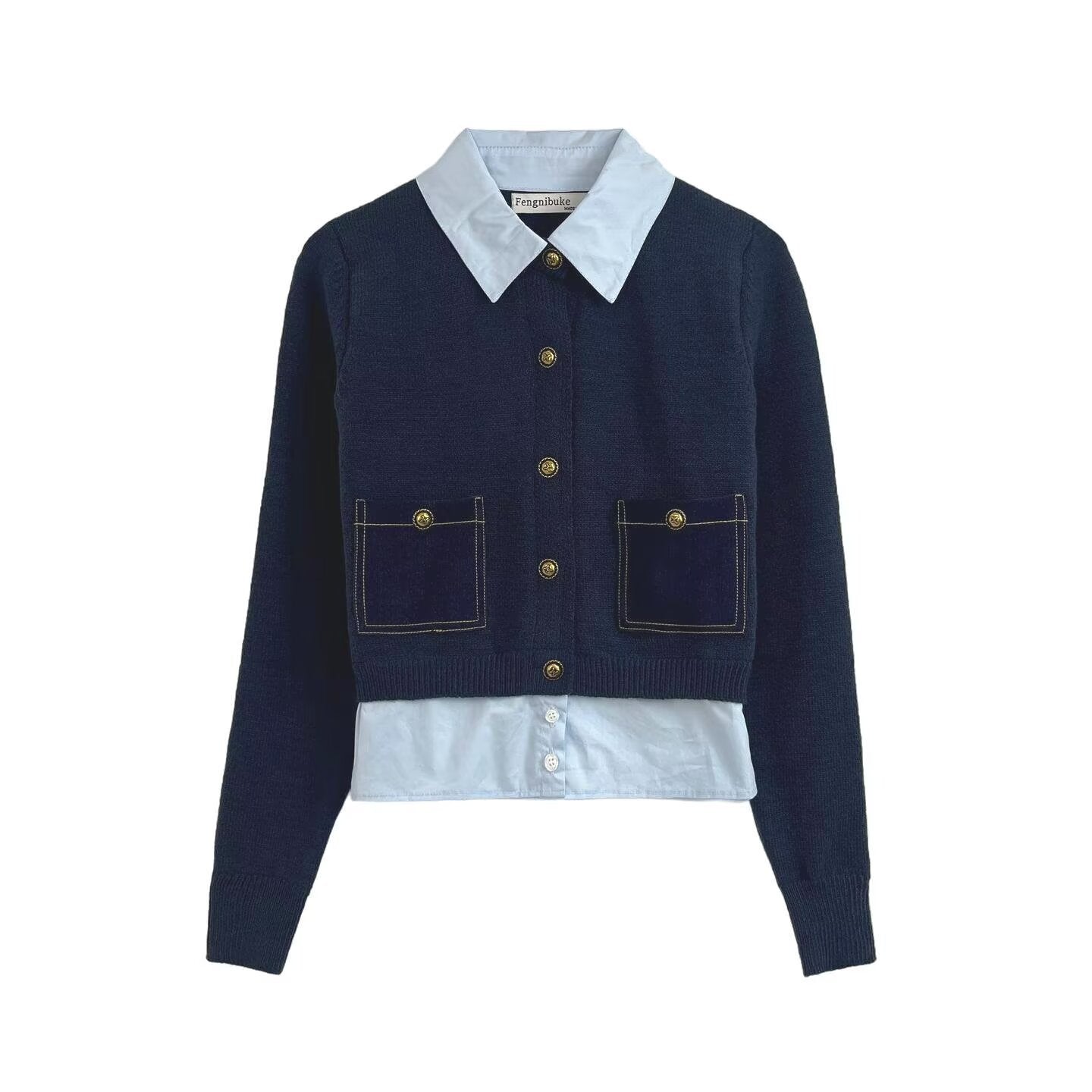 Casual versatile lapel long sleeved single breasted solid color knitted sweater for women