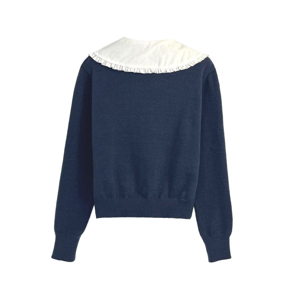 Versatile color blocking patchwork collar long sleeved solid color knitted sweater for women