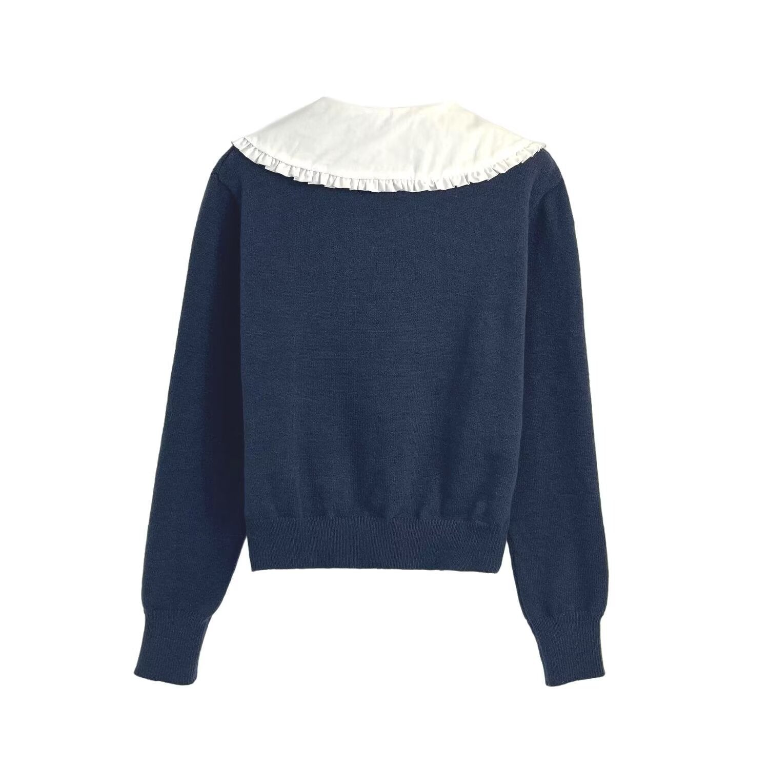 Versatile color blocking patchwork collar long sleeved solid color knitted sweater for women