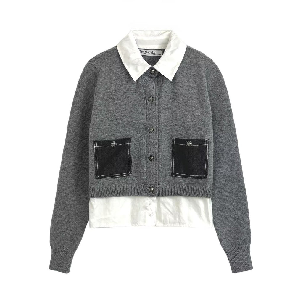Casual versatile lapel long sleeved single breasted solid color knitted sweater for women