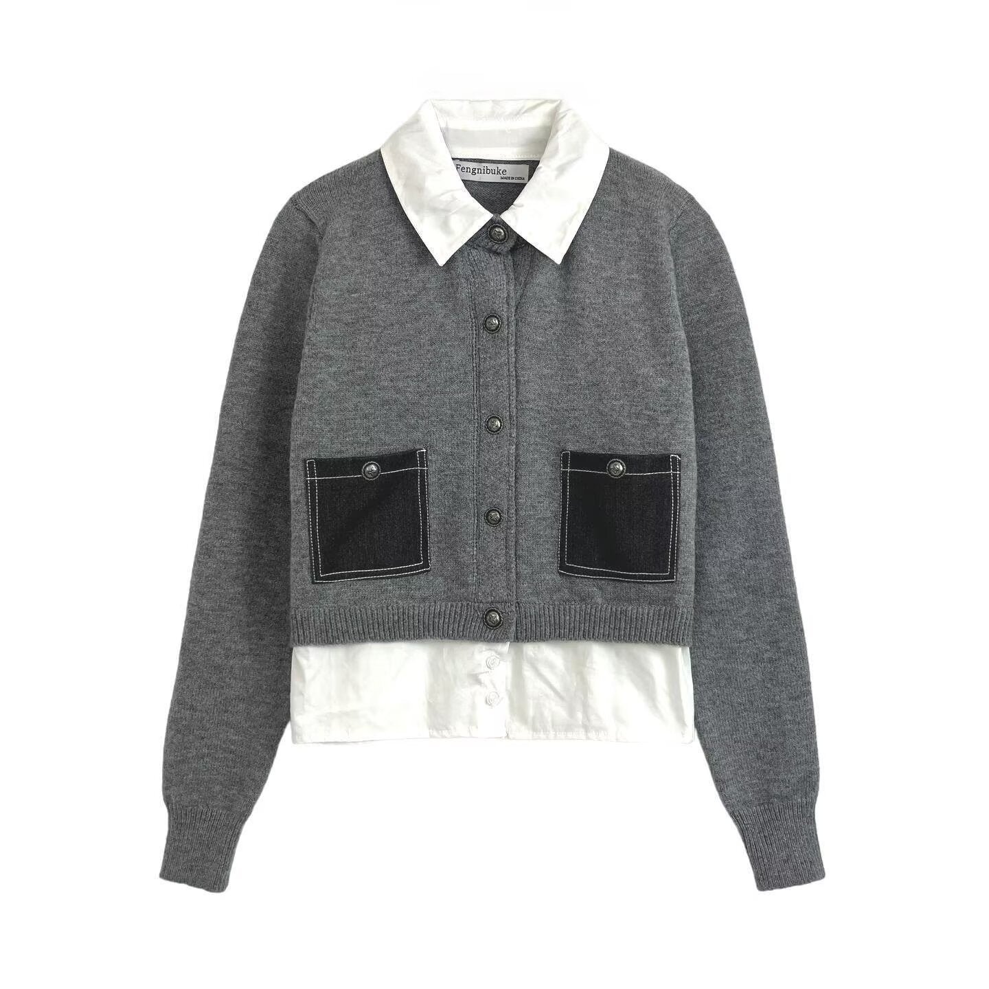 Casual versatile lapel long sleeved single breasted solid color knitted sweater for women