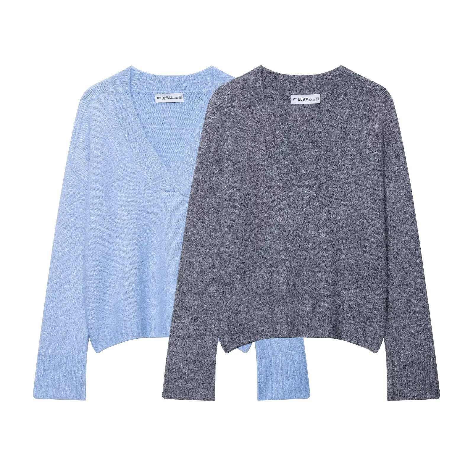 Simple V-neck long-sleeved pullover solid-color soft knitted sweater for women