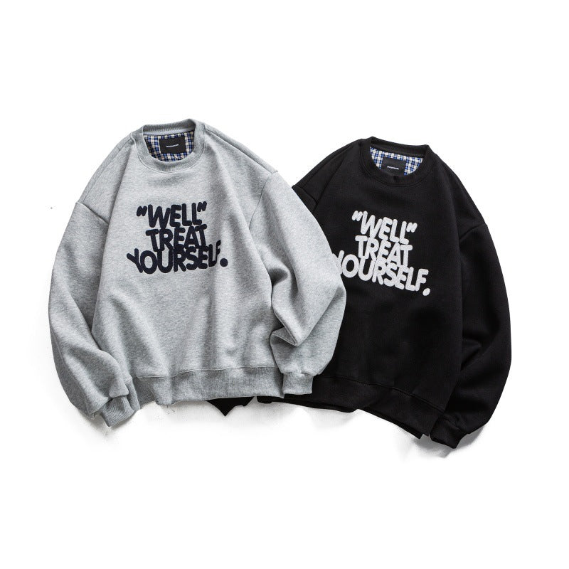 Round Neck Letter Embroidery Loose Fit Unisex Hoodie Sweatshirt