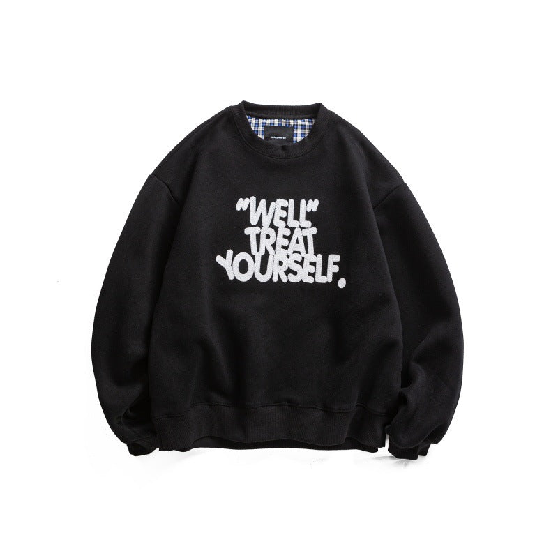 Round Neck Letter Embroidery Loose Fit Unisex Hoodie Sweatshirt
