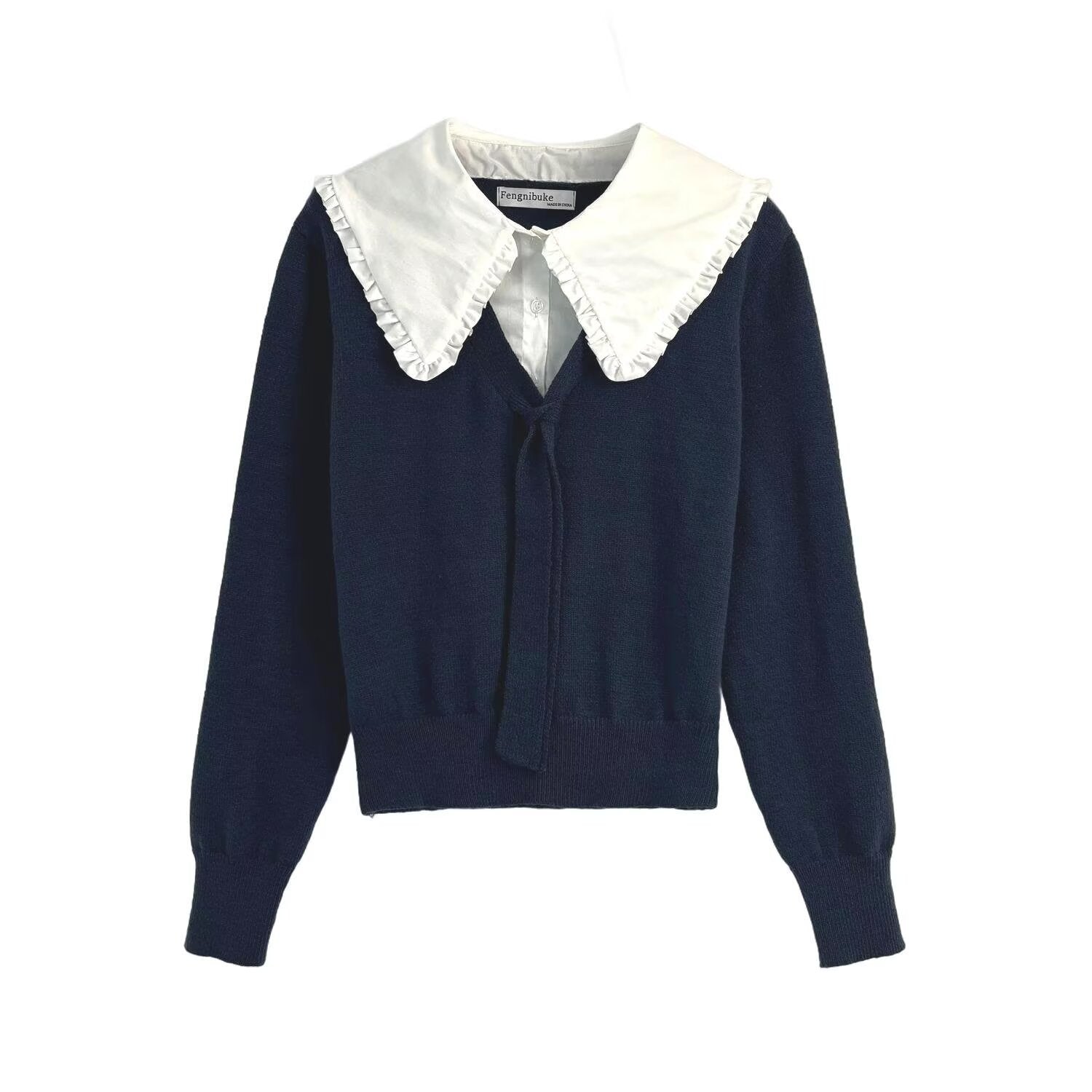 Versatile color blocking patchwork collar long sleeved solid color knitted sweater for women