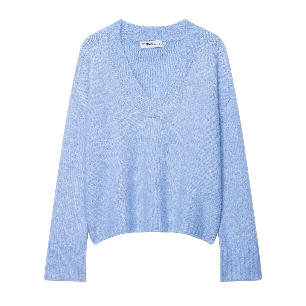 Simple V-neck long-sleeved pullover solid-color soft knitted sweater for women