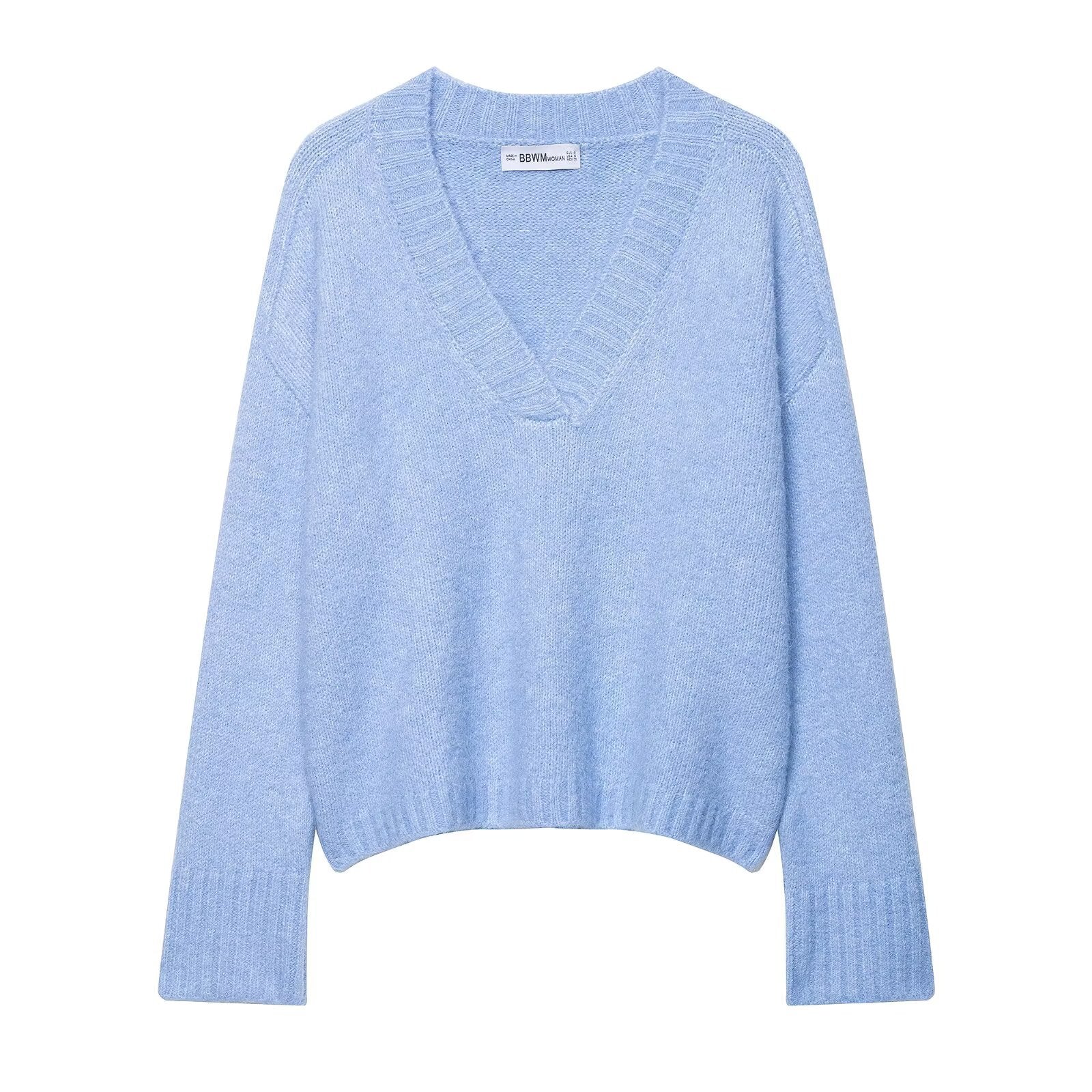 Simple V-neck long-sleeved pullover solid-color soft knitted sweater for women