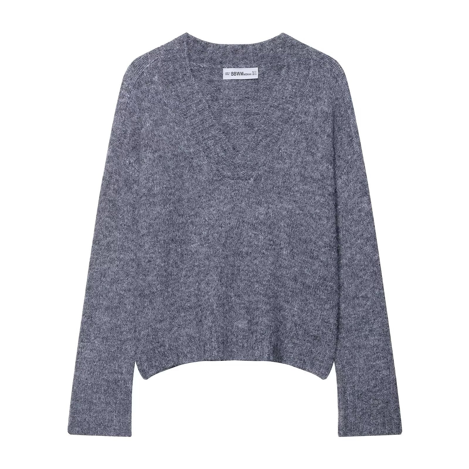 Simple V-neck long-sleeved pullover solid-color soft knitted sweater for women