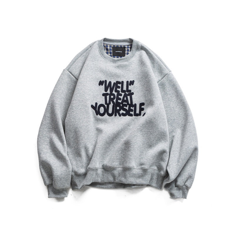 Round Neck Letter Embroidery Loose Fit Unisex Hoodie Sweatshirt